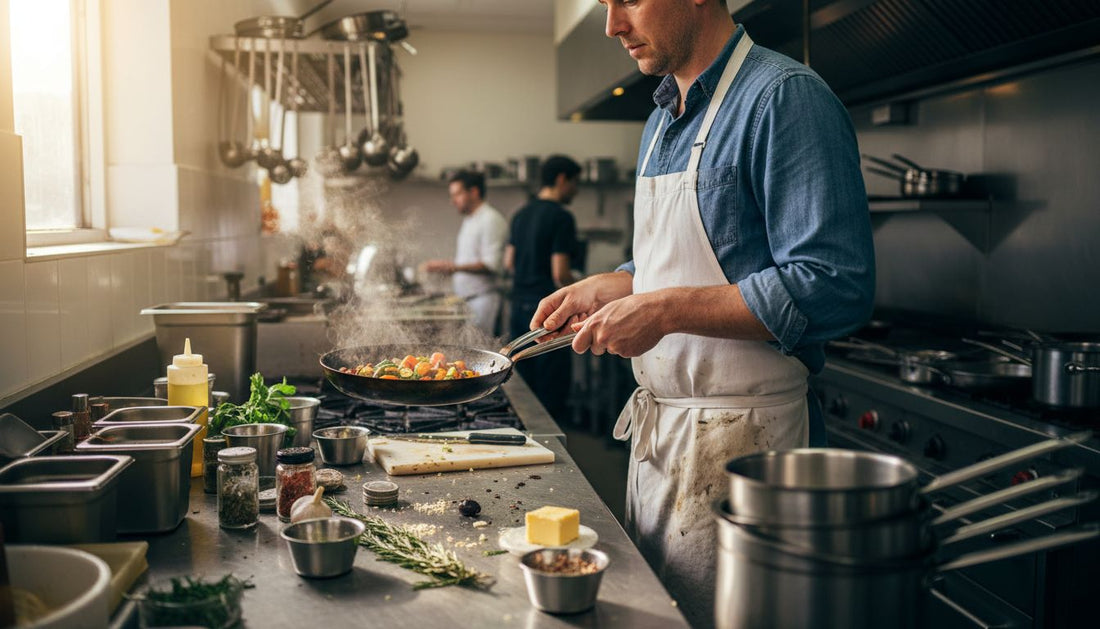 Chef using carbon steel pan in busy kitchen