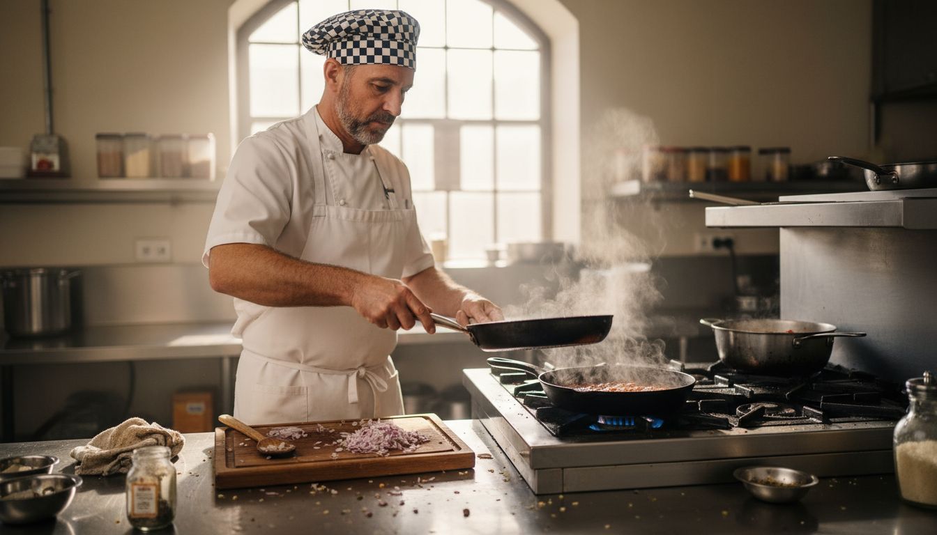 Chef comparing carbon steel and iron pans