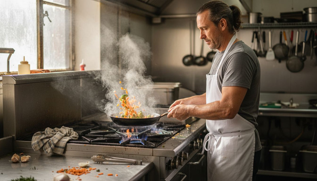 Chef cooking with carbon steel skillet in kitchen
