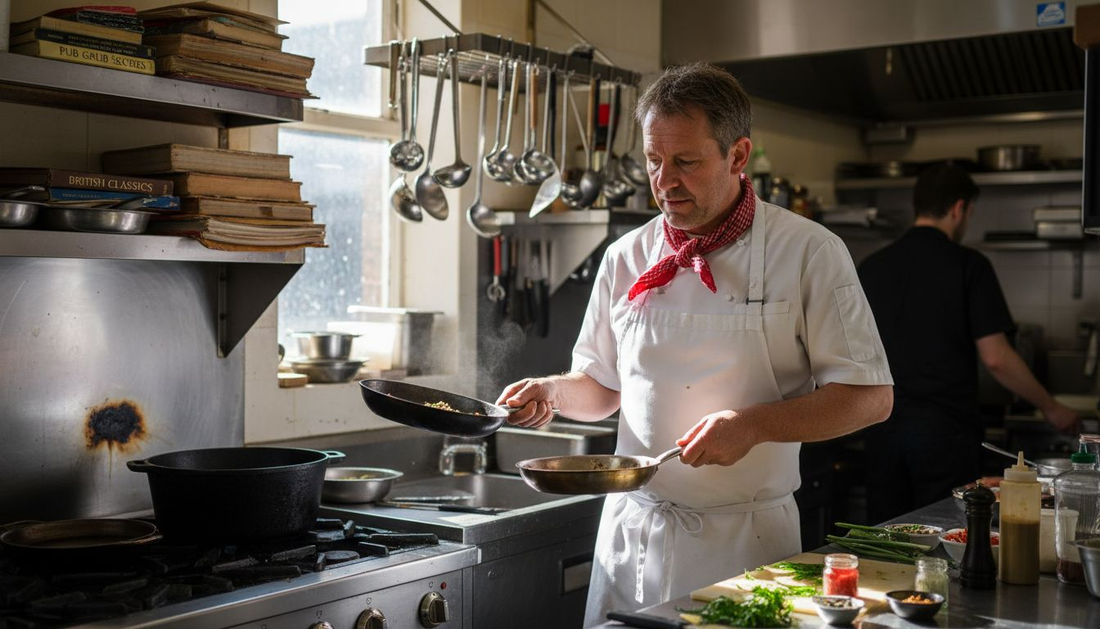 Chef holding carbon and stainless steel pans
