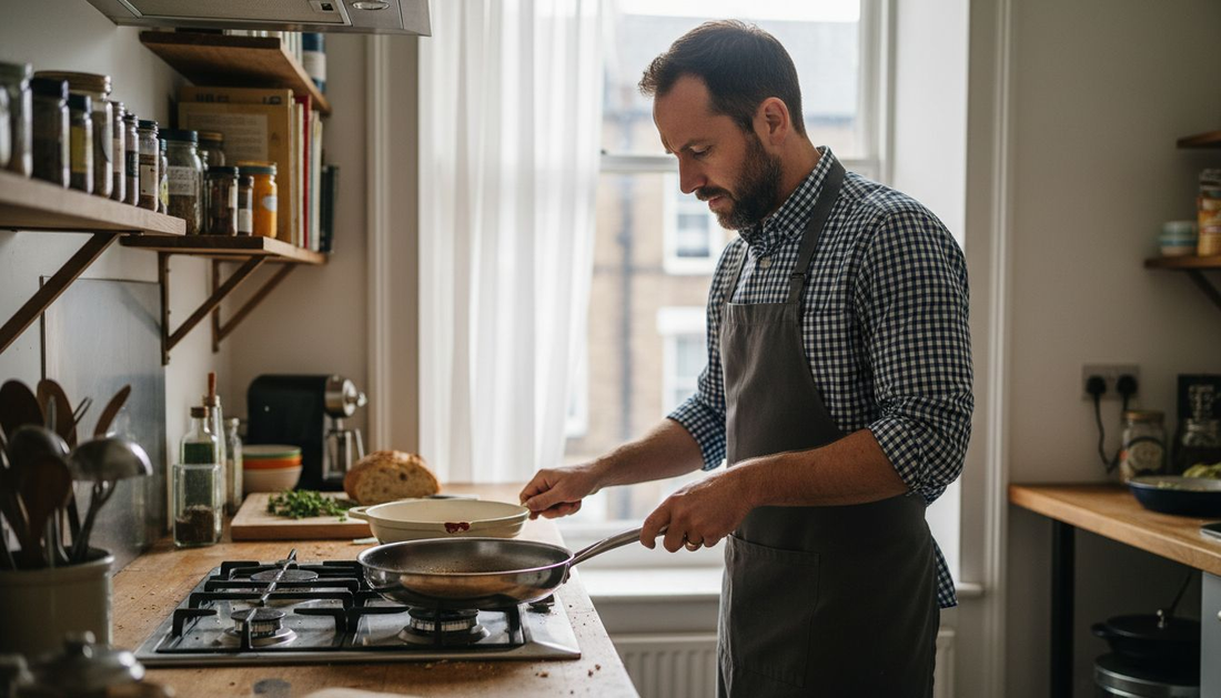 Cook choosing between stainless steel and ceramic pans
