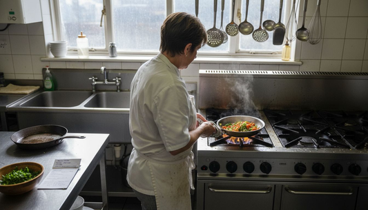 Chef using stainless clad pan in busy kitchen