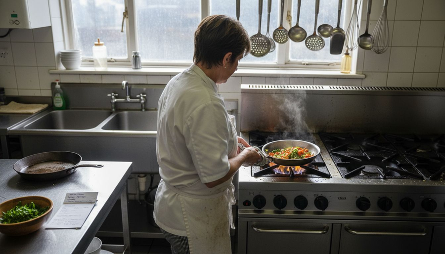 Chef using stainless clad pan in busy kitchen