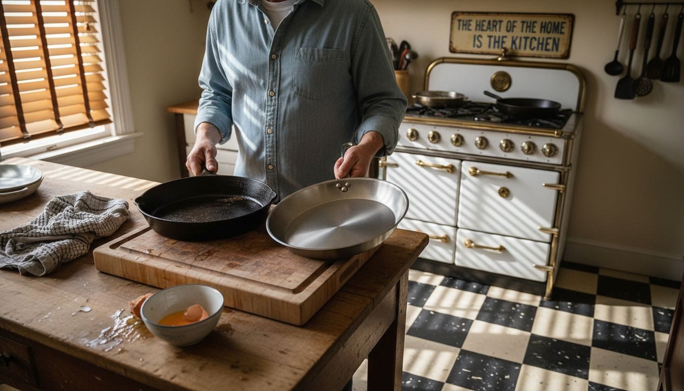 Cook comparing cast iron and carbon steel pans
