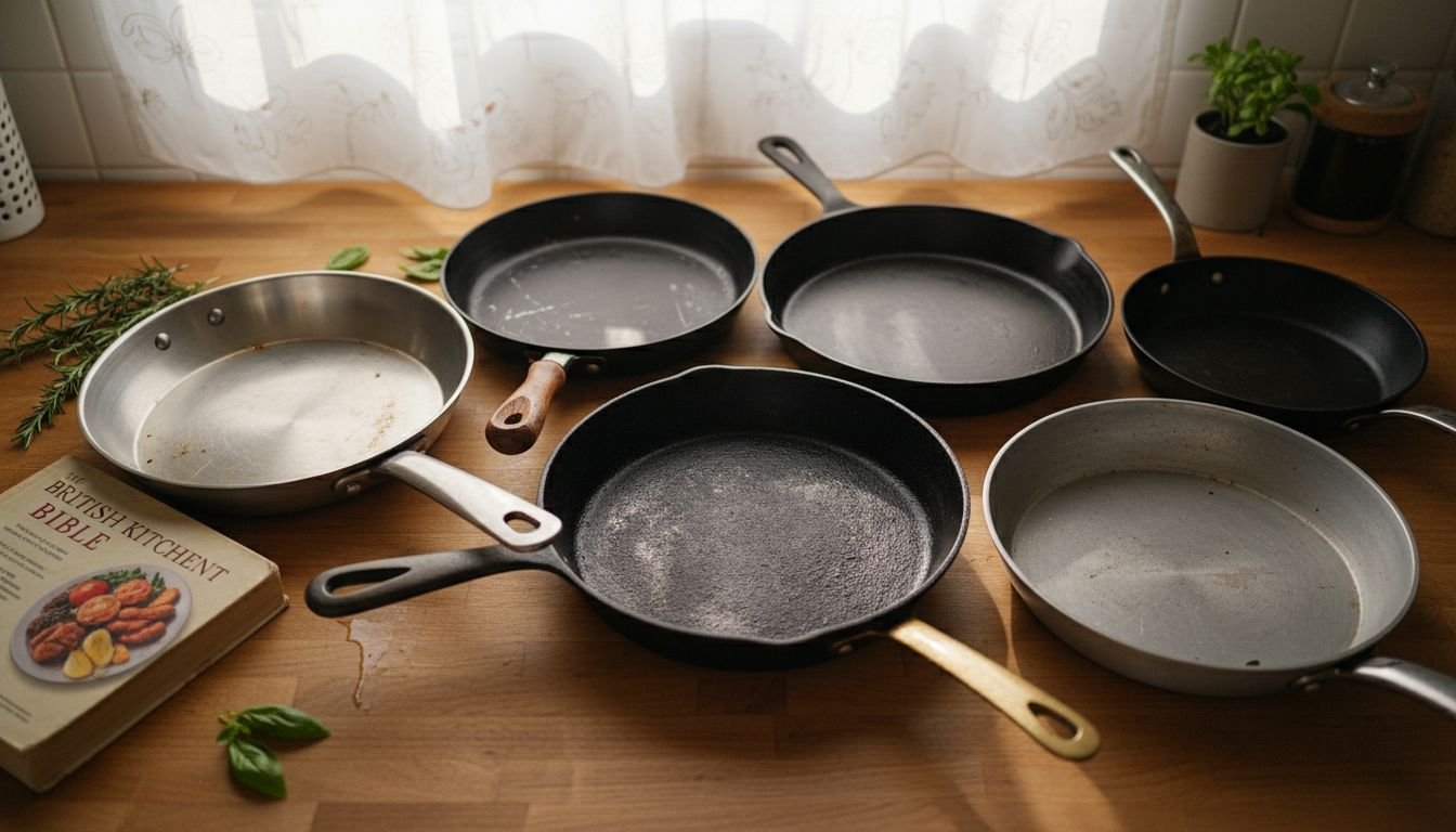 Seven types of frying pans on wooden countertop