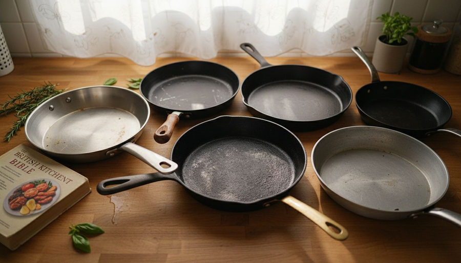Seven types of frying pans on wooden countertop