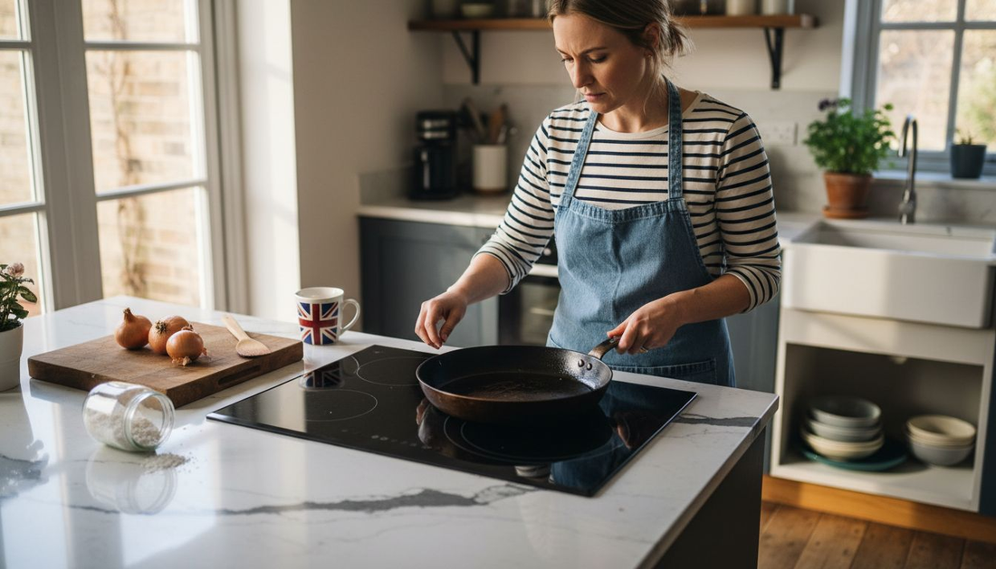 Woman preparing carbon steel pan on induction stove