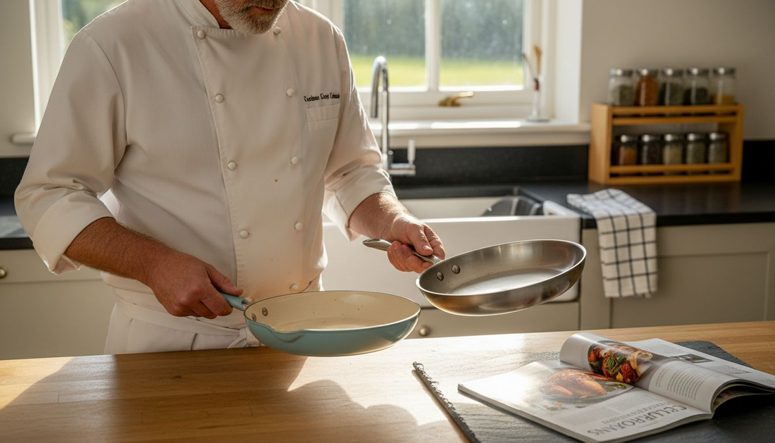 Chef comparing ceramic and aluminium pans