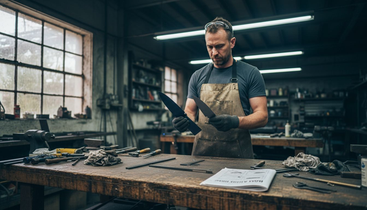 Metalworker comparing two types of steel at workshop table