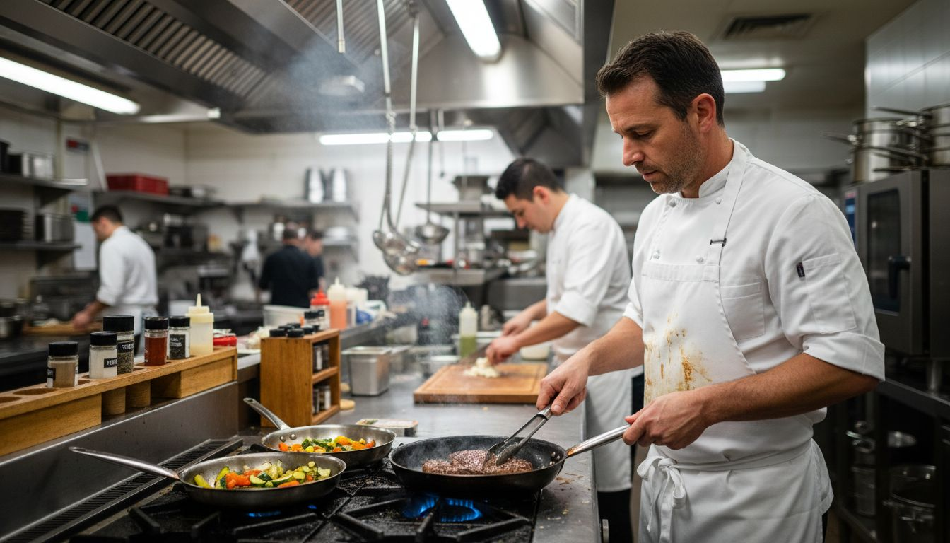 Chef comparing carbon steel and stainless steel pans