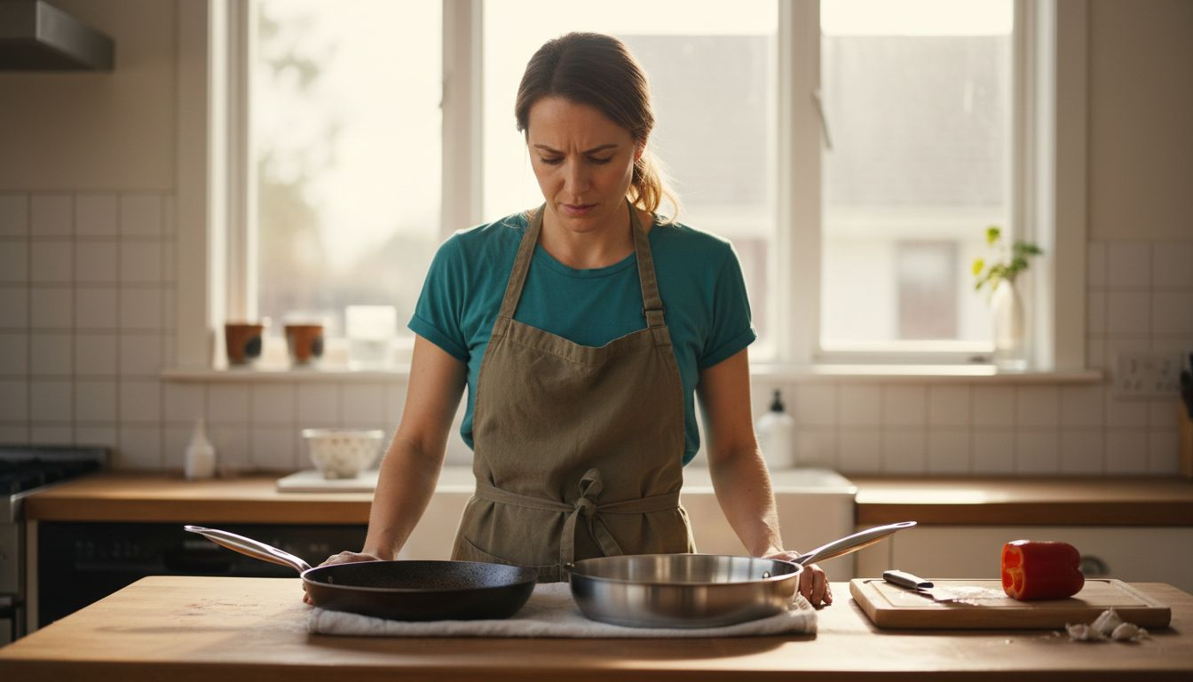 Woman comparing carbon steel and stainless steel pans