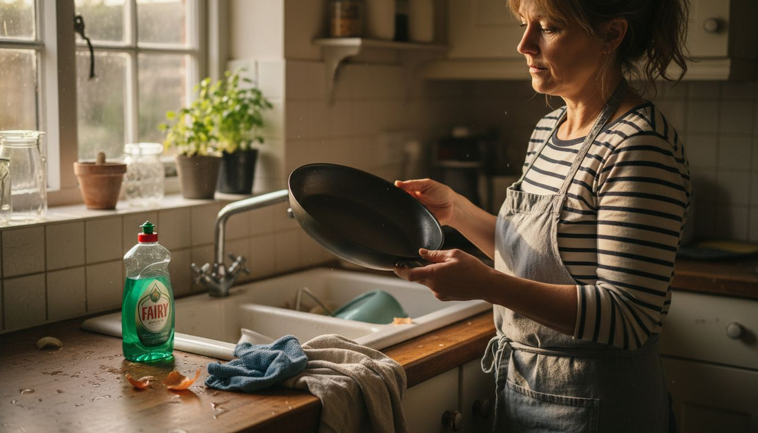 Cook preparing new carbon steel pan in kitchen