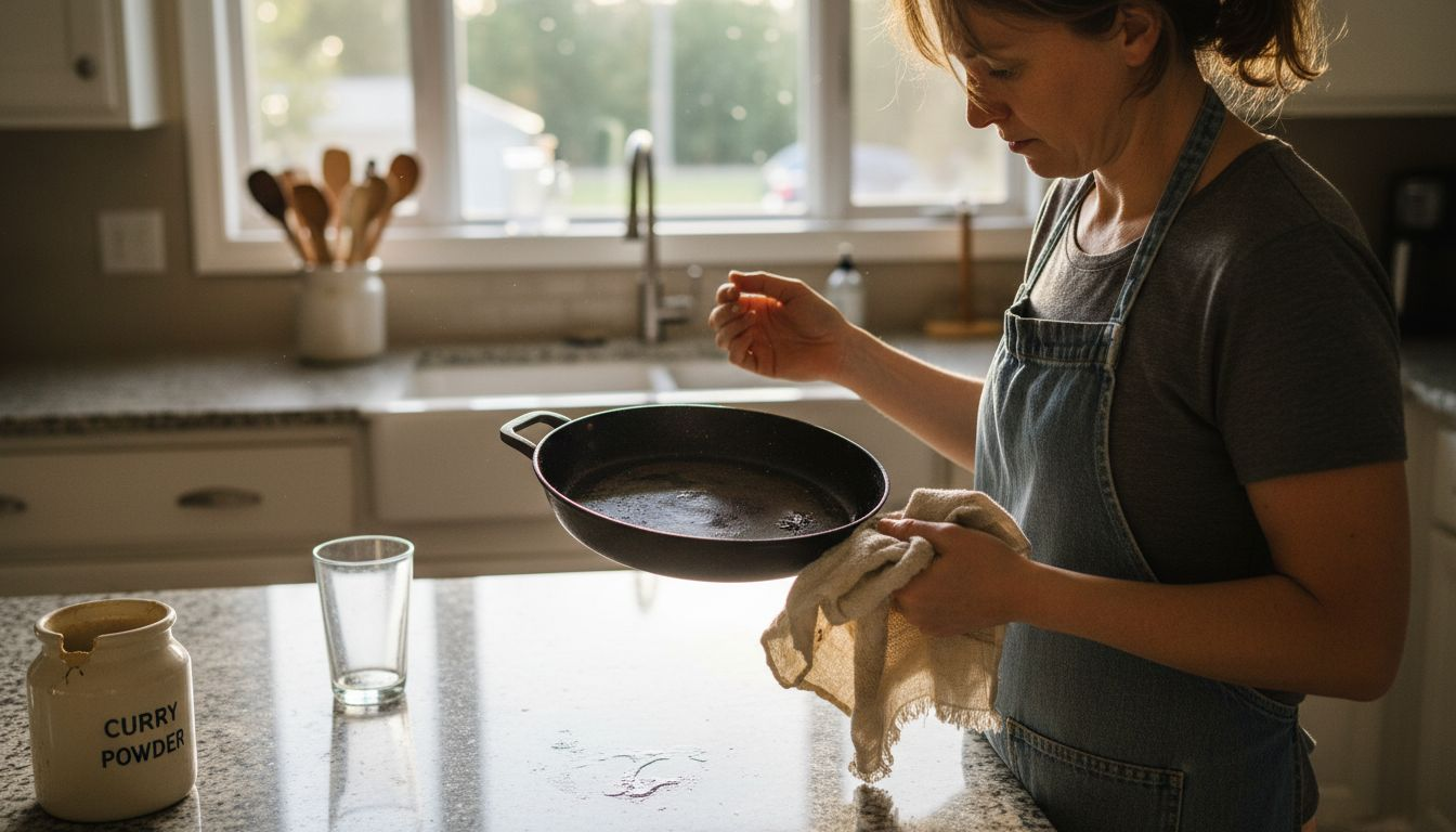 Home cook examining worn steel skillet