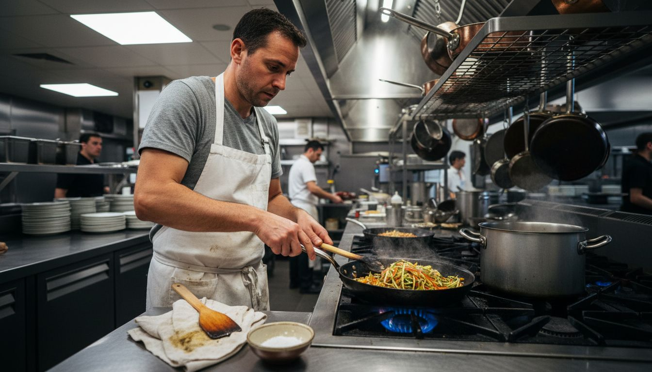 Chef using carbon steel pan in restaurant kitchen