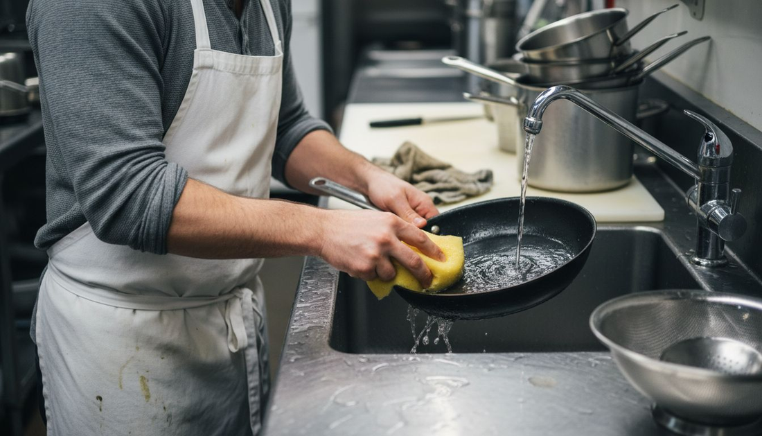 Chef washing new carbon steel pan