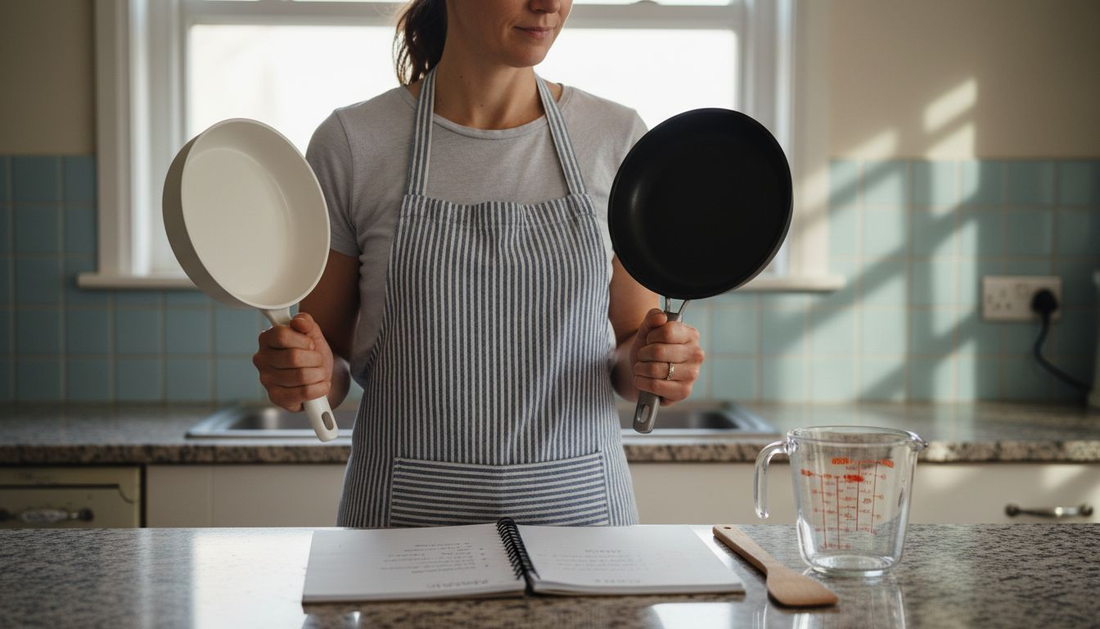 Woman compares ceramic and nonstick pans