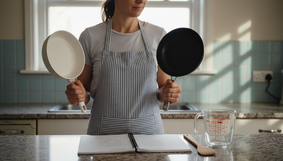 Woman compares ceramic and nonstick pans