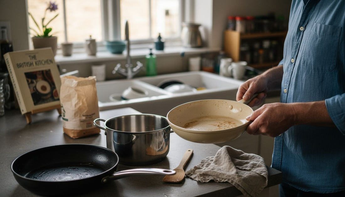 Cook comparing nonstick stainless ceramic pans
