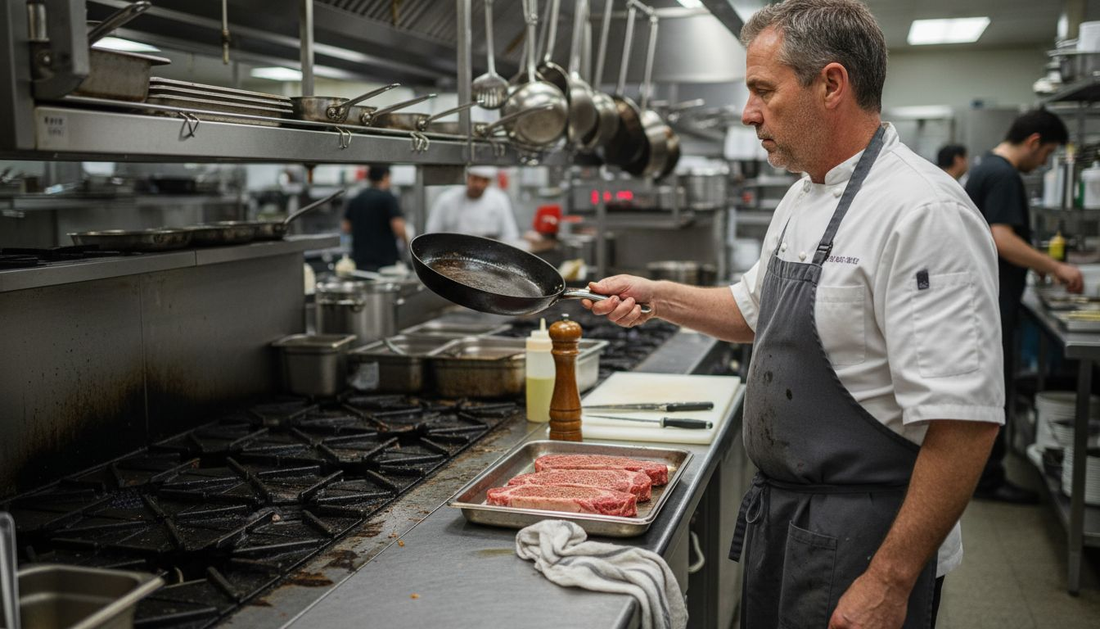 Chef selecting carbon steel pan in steakhouse kitchen