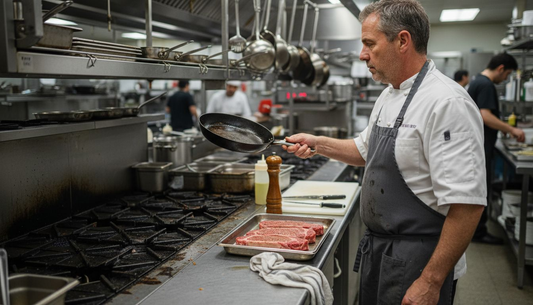 Chef selecting carbon steel pan in steakhouse kitchen