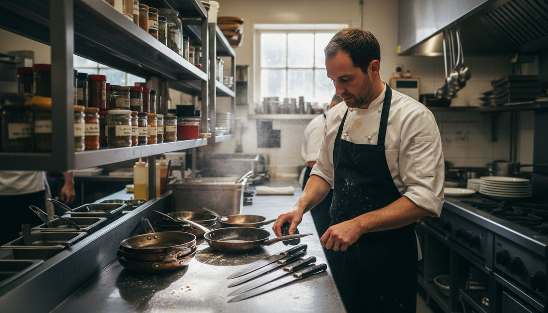 Chef assembling cookware in busy kitchen