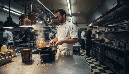 Chef cooking onions in carbon steel pan