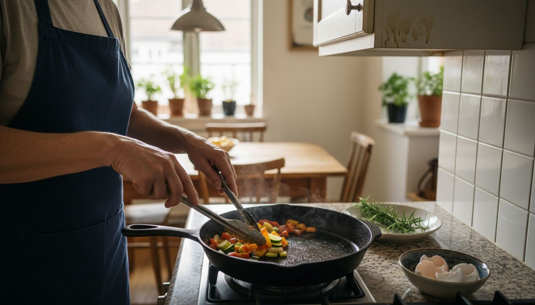Cook frying in seasoned cast iron pan