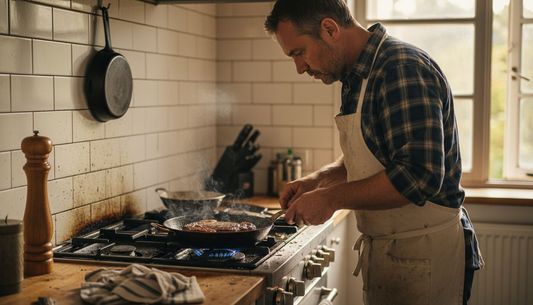 Chef searing steak in carbon steel pan