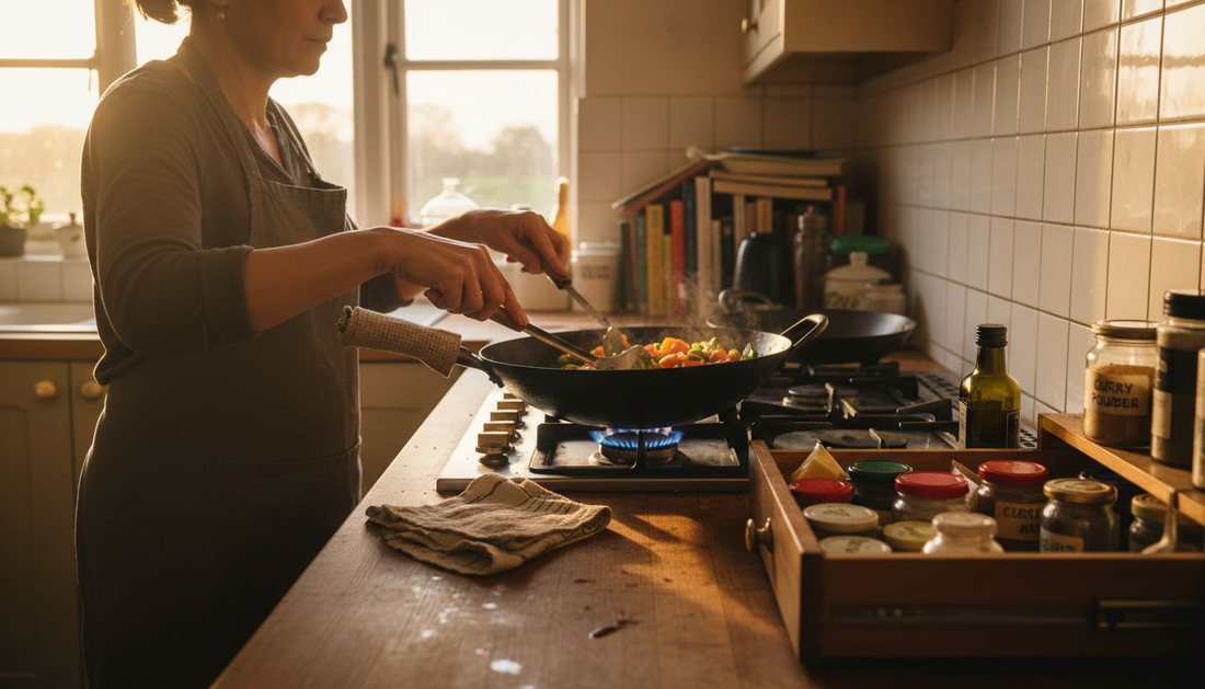 Cook preparing food in carbon steel wok