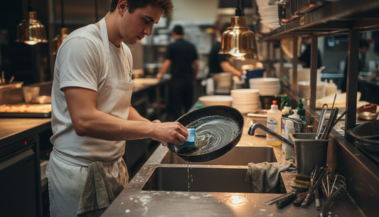 Chef washes carbon steel pan thoroughly