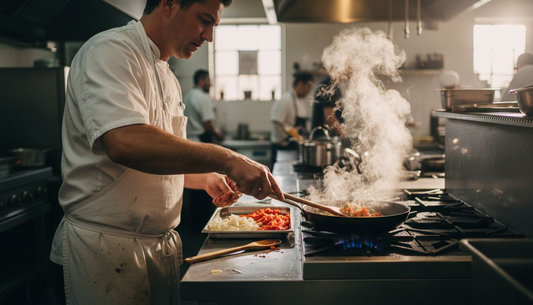 Chef sauteing vegetables in busy kitchen