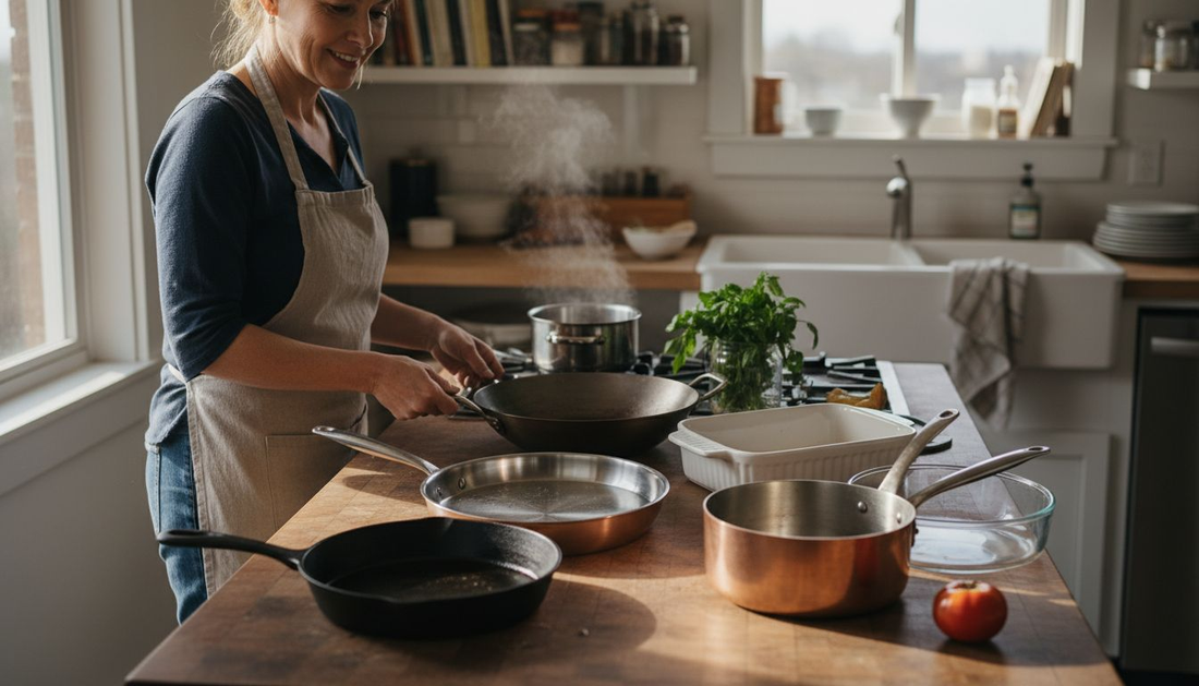 Home cook displaying seven cookware materials on kitchen island