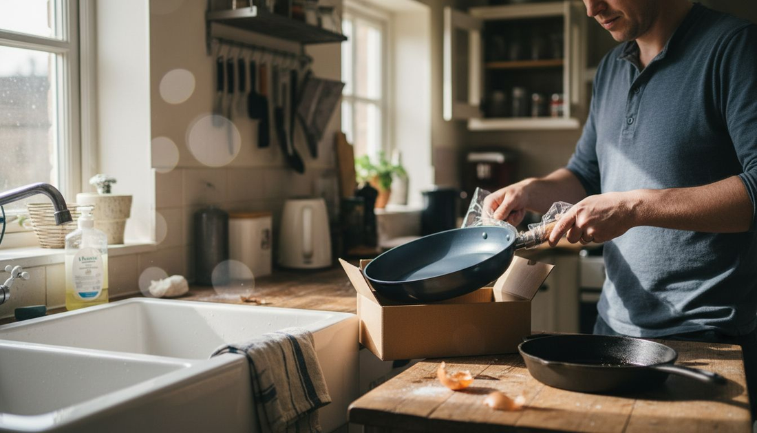 Cook unpacks new carbon steel pan in kitchen