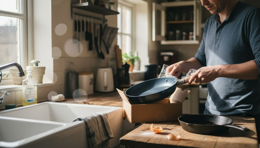 Cook unpacks new carbon steel pan in kitchen