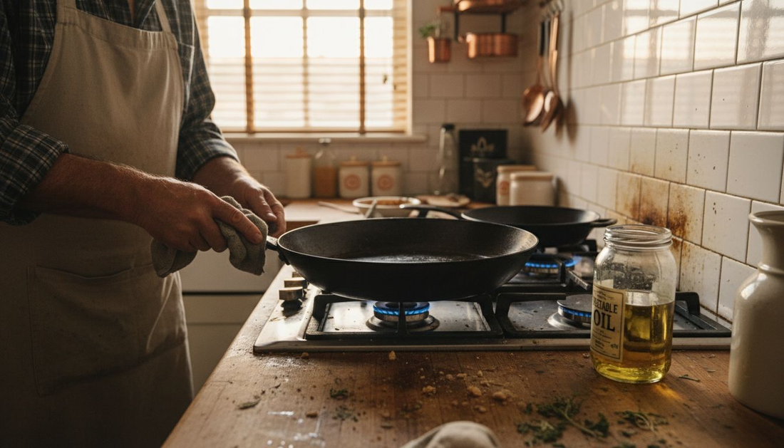 Cook caring for seasoned carbon steel pan