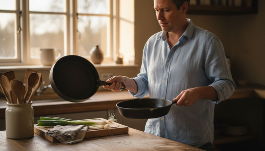 Cook comparing carbon steel versus cast iron pans