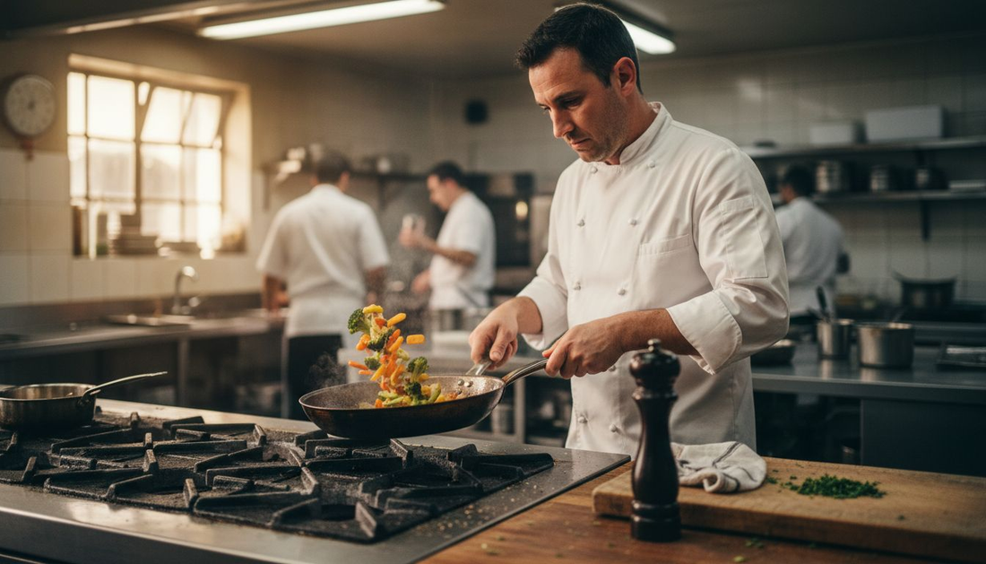 Chef cooking with 30 cm pan in kitchen