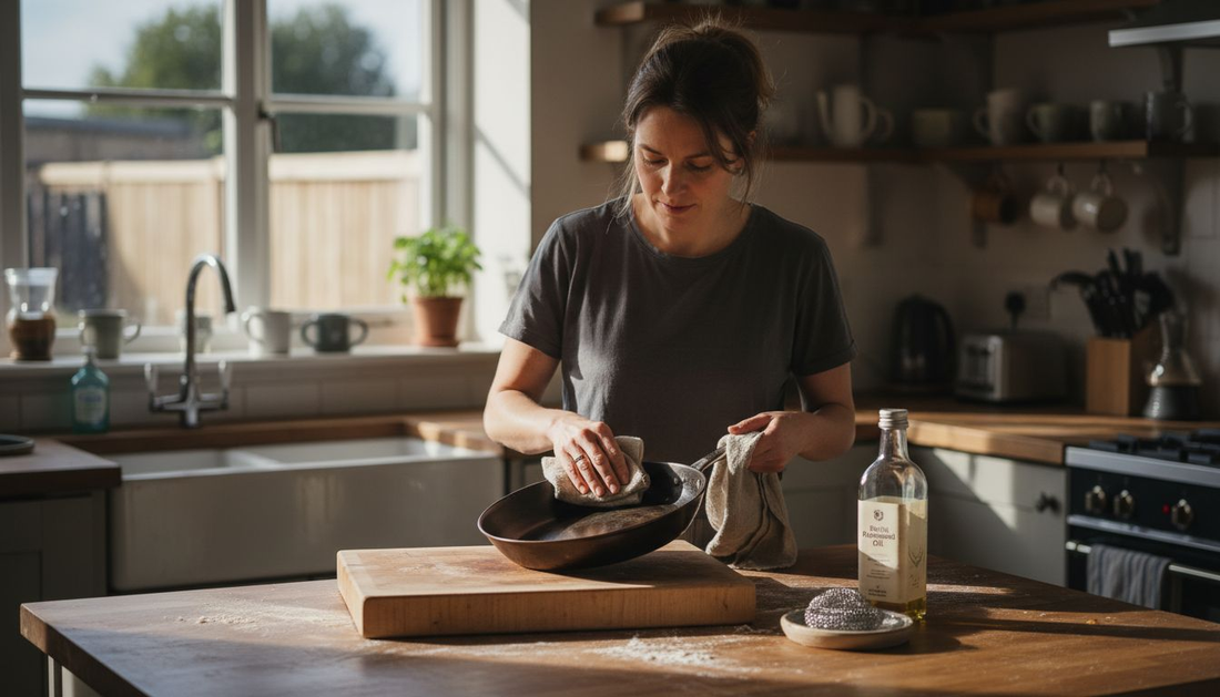 Cook inspecting carbon steel pan in kitchen