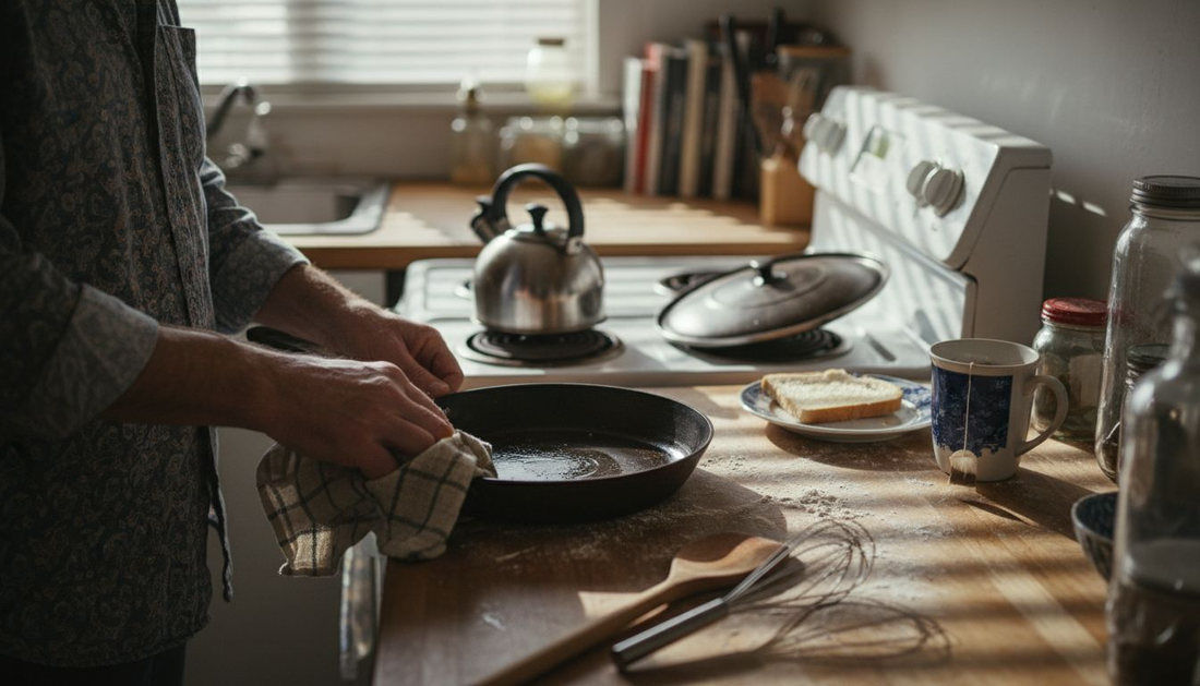 Home cook restoring carbon steel pan in kitchen