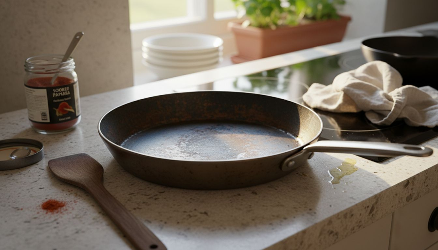 Seasoned carbon steel pan with patina