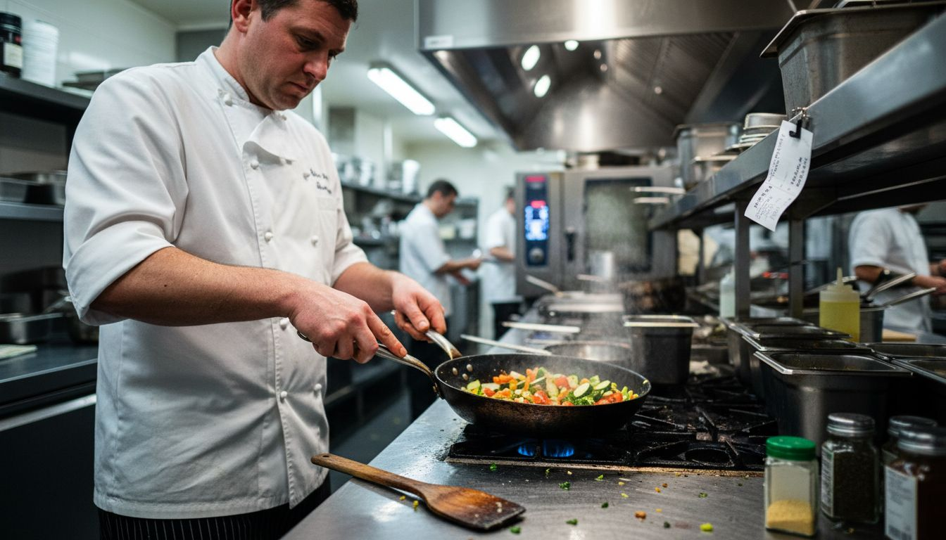 Chef cooking with carbon steel pan in kitchen