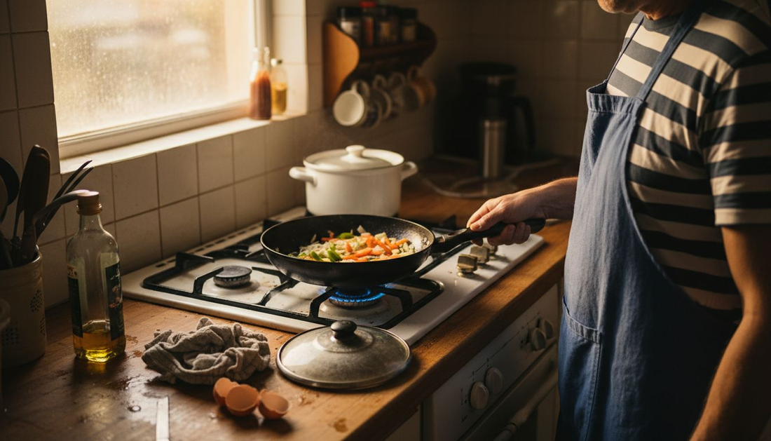 Home cook using carbon steel pan at stove