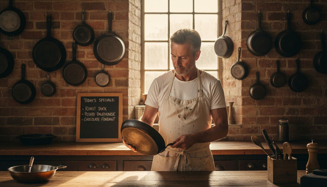 Chef with historical carbon steel cookware
