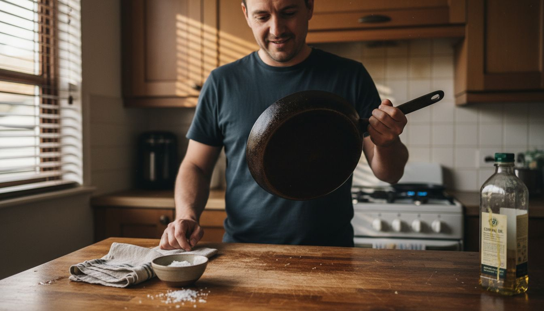 Home cook assessing carbon steel pan in kitchen