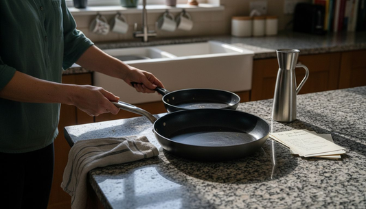 Woman comparing nonstick and carbon steel pans