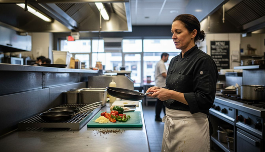 Chef inspecting forged pan in kitchen