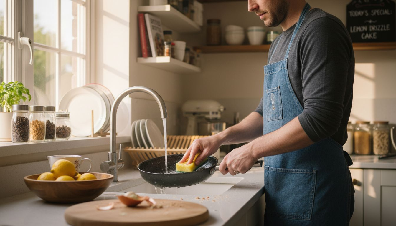 Home cook washing new carbon steel pan