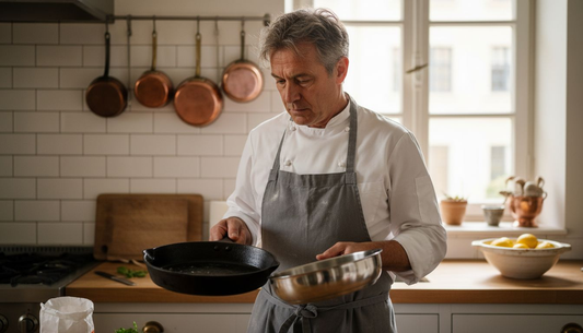Chef holding cast iron and stainless steel pans