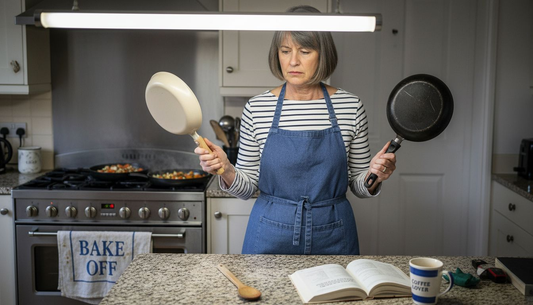 Cook comparing ceramic and Teflon pans