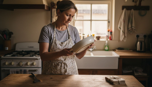 Cook inspecting ceramic pan for safety